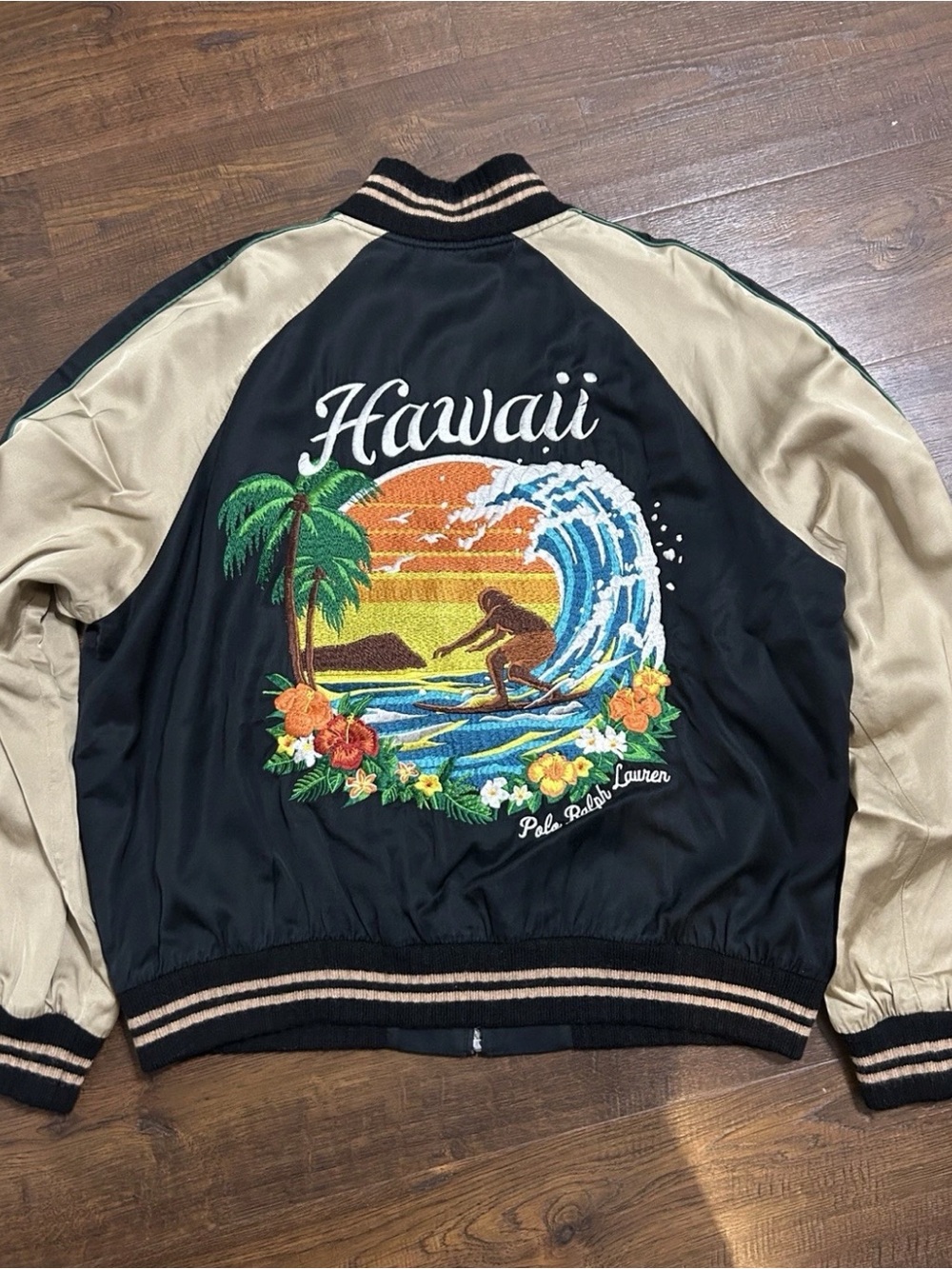 Polo Ralph Lauren Satin Tour Jacket Woman ‘s L Hawaii RARE Black and Beige